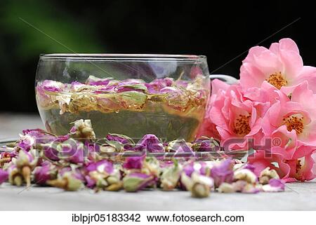 Stock Image - Rose tea in cup and rose buds, rose petals, rose blossom tea. Fotosearch