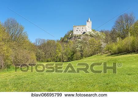 Stock Photo - Rudelsburg castle ruins in spring, Saale valley near Bad Kösen, Naumburg, Saxony-Anhalt, Germany, Europe. Fotosearch