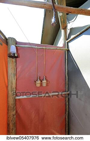 Safari tent, shower, bathroom, washroom, lodge, lodge, hotel, safari, Okavango Delta, Botswana, Africa View Large Photo Image Stock Photograph - Safari tent, shower, bathroom, washroom, lodge, lodge, hotel, safari, Okavango Delta, Botswana, Africa. Fotosearch