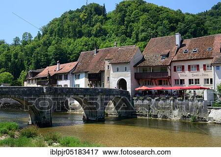 Saint-Ursanne, district of Porrentruy, Johann-Tor, St-, St-, St-, bridge and Porte St. Jean with river Doubs, Hirstorische Kleinstadt, canton Jura, Switzerland, Europe View Large Photo Image Stock Photo - Saint-Ursanne, district of Porrentruy, Johann-Tor, St-, St-, St-, bridge and Porte St. Jean with river Doubs, Hirstorische Kleinstadt, canton Jura, Switzerland, Europe. Fotosearch