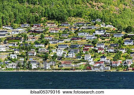 Stock Photograph - Settlement in Aurlandsfjorden, Norway, Europe. Fotosearch
