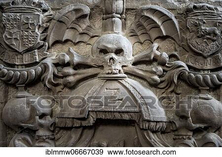 Stock Photo - Skull in the Marienkapelle, market place, Würzburg, Franconia, Bavaria, Germany, Europe. Fotosearch