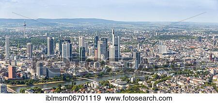 Stock Photo - Skyline Panorama Aerial View River Main Skyscrapers Commerzbank City, Frankfurt, Germany, Europe. Fotosearch
