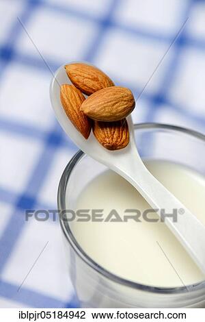 Stock Image - Spoon with almonds on glass of milk( Prunus dulcis), sweet almond. Fotosearch