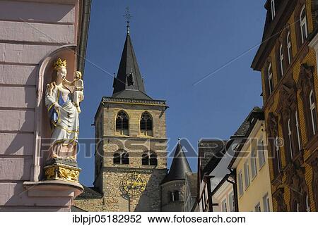 St. Mary's statue on house facade, church, Hohe kirche St. Peter, UNESCO World Heritage Site, travel, travel, POI, geography, sculpture, main market with cathedral, Trier, Rhineland-Palatinate, Germany, Europe View Large Photo Image Stock Image - St. Mary's statue on house facade, church, Hohe kirche St. Peter, UNESCO World Heritage Site, travel, travel, POI, geography, sculpture, main market with cathedral, Trier, Rhineland-Palatinate, Germany, Europe. Fotosearch