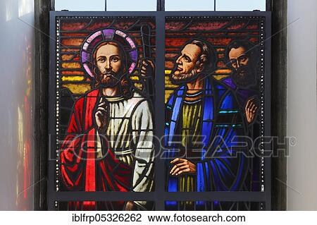 Stock Image - Stained glass windows, corridor after Emaus, Reformed Church Gossau ZH, Canton of Zurich, Switzerland, Europe. Fotosearch