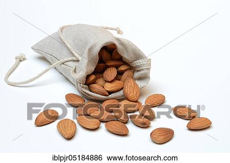 Stock Photograph - Sweet almonds in linen bags ( Prunus dulcis). Fotosearch