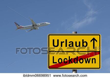 Stock Image - Symbolic image, end lockdown, start vacation, photomontage, passenger plane takes off, blue sky, Germany, Europe. Fotosearch