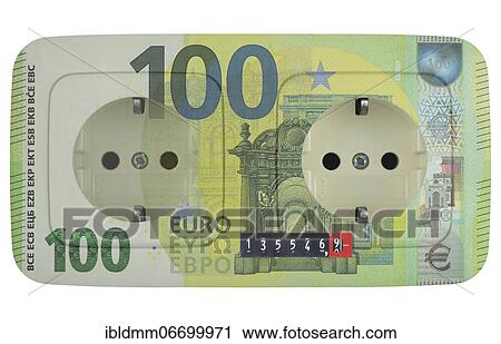 Stock Image - Symbolic image high electricity price, photomontage 100-euro bill and electricity meter on wall socket, Germany, Europe. Fotosearch