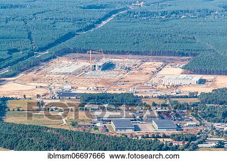 Tesla Gigafactory Berlin Brandenburg Grünheide factory construction site Giga Factory aerial view, Berlin, Germany, Europe View Large Photo Image Stock Photograph - Tesla Gigafactory Berlin Brandenburg Grünheide factory construction site Giga Factory aerial view, Berlin, Germany, Europe. Fotosearch