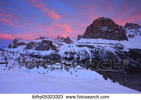 Stock Image - Tofana di Rozes, Alpenglow, Dolomites, South Tyrol, Italy, Europe. Fotosearch