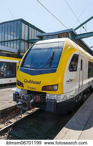 Stock Photo - Train railway Go Ahead trains Go Ahead Stadler FLIRT 3 regional train portrait format in Stuttgart station, Stuttgart, Germany, Europe. Fotosearch