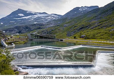 Stock Photo - Trollstigen Kafe and Stigfossen River, Trollstigen Mountain Road, near Åndalsnes, Møre og Romsdal, Vestland, Norway, Europe. Fotosearch