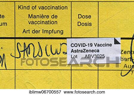 Stock Photo - Vaccination certificate after vaccination with AstraZeneca against Covid-19, Sars-CoV-2, Corona crisis, Stuttgart, Baden-Württemberg, Germany, Europe. Fotosearch