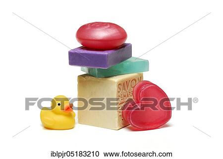 Stock Image - Various soaps with rubber duck. Fotosearch
