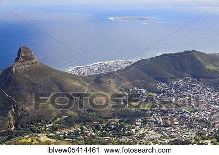Stock Image - View of Cape Town, Lions Head, from Table Mountain, Western Cape, South Africa, Africa. Fotosearch