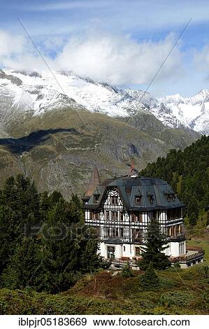 Stock Photo - Villa Cassel on the Riederfurka, Valais, Goms, Pro Natura Aletsch Nature Conservation Centre, Aletsch region. Fotosearch