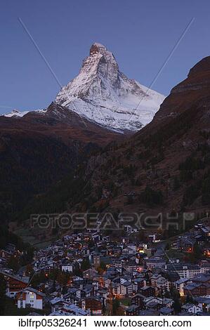 Stock Image - Village of Zermatt and Matterhorn, Valais, Switzerland, Europe. Fotosearch