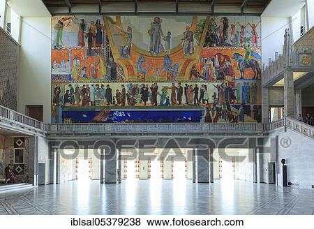 Stock Photo - Wall painting in the main hall of Oslo City Hall (Oslo Radhus), Norway, Europe. Fotosearch