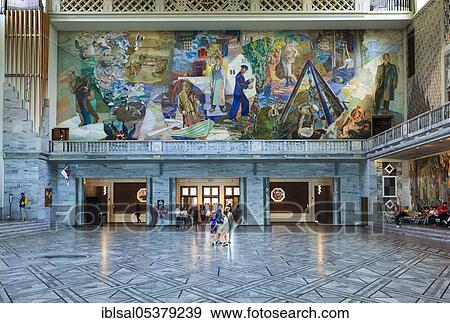 Wall painting in the main hall of Oslo City Hall (Oslo Radhus), Norway, Europe View Large Photo Image Stock Photo - Wall painting in the main hall of Oslo City Hall (Oslo Radhus), Norway, Europe. Fotosearch