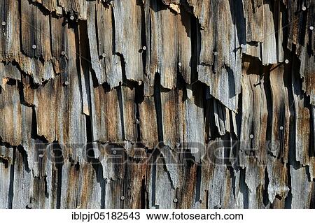 Stock Image - Weathered wood shingles, shingle, shingles, old cowshed, Toggenburg, Switzerland, Europe. Fotosearch