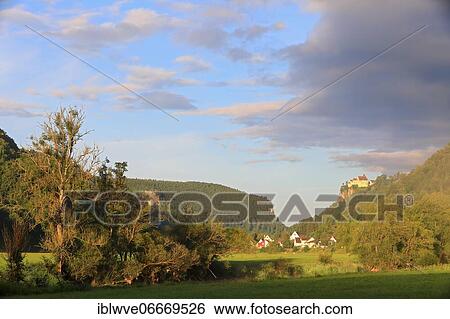 Stock Photograph - Werenwag Castle, Danube, Danube valley, village, river, clouds, Hausen im Tal, Upper Danube nature park Park, Baden-Württemberg, Germany, Europe. Fotosearch