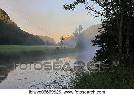 Werenwag Castle, Danube, Danube valley, village, river, fog, Hausen im Tal, Upper Danube nature park Park, Baden-Württemberg, Germany, Europe View Large Photo Image Stock Photography - Werenwag Castle, Danube, Danube valley, village, river, fog, Hausen im Tal, Upper Danube nature park Park, Baden-Württemberg, Germany, Europe. Fotosearch