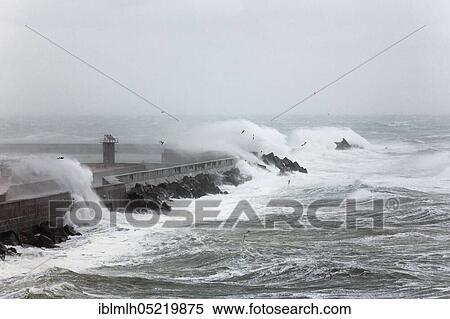 Stock Photography - West pier from the south harbour, during hurricane Xaver, Helgoland, Schleswig-Holstein, Germany, Europe. Fotosearch