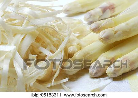 Stock Image - White, peel, Garden asparagus peel, w a s t e. Fotosearch