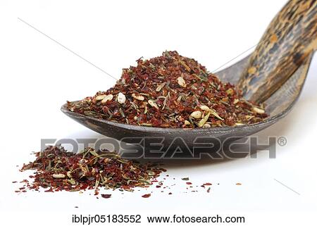 Stock Image - Zaatar, Za'atar, Zatar, Zahtar, spice mixture of sumac, sesame seeds, thyme, salt, North African cuisine, Oriental cuisine, Arabia. Fotosearch