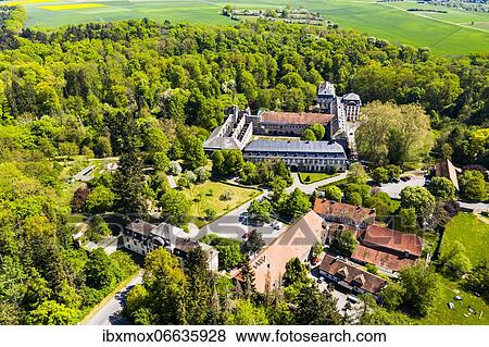 Stock Photo - Aerial view, Arnsburg Monastery near Lich, Arnsburg, Hesse, Germany, Europe. Fotosearch