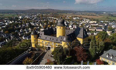 Stock Image - Aerial view, city view with baroque castle and surroundings, Montabaur, Rhineland-Palatinate, Germany, Europe. Fotosearch