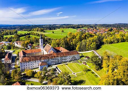 Stock Image - Aerial view, Dietramszell Monastery, Dietramszell, Tölzer Land, Upper Bavaria, Bavaria, Germany, Europe. Fotosearch