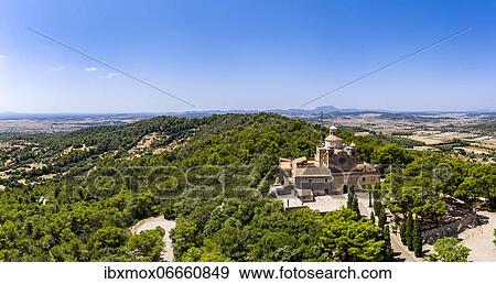 Stock Photo - Aerial view, monastery Santuari de Bonany near Petra, Majorca, Balearic Islands, Spain, Europe. Fotosearch