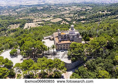 Stock Photography - Aerial view, monastery Santuari de Bonany near Petra, Majorca, Balearic Islands, Spain, Europe. Fotosearch