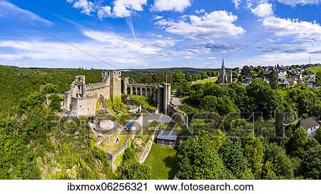 Stock Image - Aerial view of Hohenstein Castle, Felsenburg, Bad Schwalbach, Rheingau-Taunus District Hesse, Germany, Europe. Fotosearch