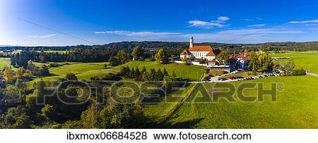 Stock Photo - Aerial view of Reutberg Monastery, near Sachsenkam, Upper Bavaria, Bavaria, Germany, Europe. Fotosearch
