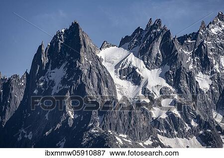Stock Photo - Aiguille du Grépon, Aiguille des Grands Charmoz, Aiguille de Blaitière and Aiguille du Fou, mountain peaks of the Mont Blanc massif, Chamonix-Mont-Blanc, Haute-Savoie, France, Europe. Fotosearch
