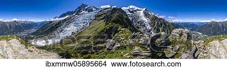 Picture - Alpine panorama, 360° panorama, mountain landscape, glacier Glacier de Taconnaz and Glacier de Bossons, view from the hike La Jonction, mountain peaks Aiguille Verte, Aiguille du Midi and Mont Blanc, Chamonix, Haute-Savoie, France, Europe. Fotosearch