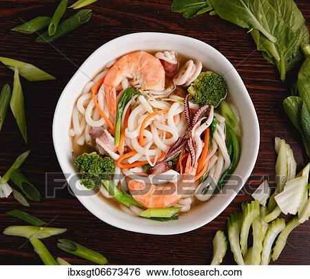 Chinese noodles soup with prawns and vegatable View Large Photo Image Stock Photograph - Chinese noodles soup with prawns and vegatable. Fotosearch