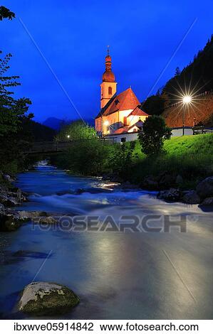 Church St. Sebastian with Ramsauer Ache, Blue hour, Ramsau, Berchtesgadner Land, Bavaria, Germany, Europe View Large Photo Image Stock Image - Church St. Sebastian with Ramsauer Ache, Blue hour, Ramsau, Berchtesgadner Land, Bavaria, Germany, Europe. Fotosearch