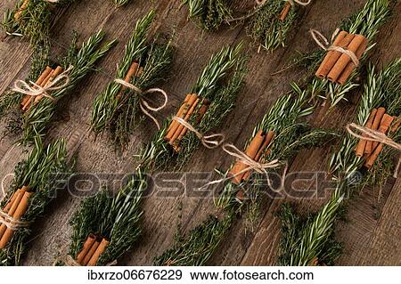 Cinnamon sticks tied together with rosemary and thyme, several bunches of herbs next to each other, on wooden underground View Large Photo Image Stock Photo - Cinnamon sticks tied together with rosemary and thyme, several bunches of herbs next to each other, on wooden underground. Fotosearch