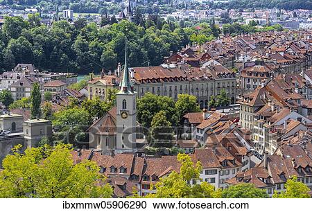 Stock Image - City view, view from the rose garden to the old town, Nydeggkirche, Nydegg district, Bern, Canton of Bern, Switzerland, Europe. Fotosearch