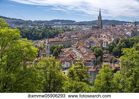 Stock Image - City view, view from the rose garden to the old town, Nydegg church and Bern cathedral, Nydegg district, Bern, Canton of Bern, Switzerland, Europe. Fotosearch