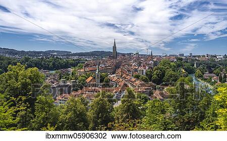Stock Image - City view, view from the rose garden to the old town, Nydegg church and Bern cathedral, Nydegg district, Bern, Canton of Bern, Switzerland, Europe. Fotosearch
