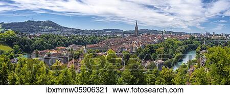 Stock Image - City view, view from the rose garden to the old town, Nydegg church and Bern cathedral, Nydegg district, River Aare, Bern, Canton of Bern, Switzerland, Europe. Fotosearch