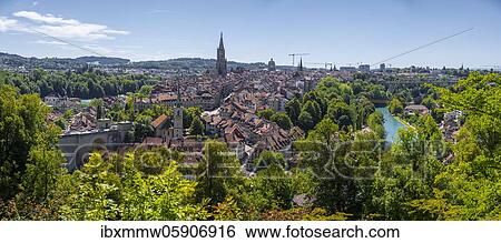 Stock Photograph - City view, view from the rose garden to the old town, Nydegg church and Bern cathedral, Nydegg district, River Aare, Bern, Canton of Bern, Switzerland, Europe. Fotosearch