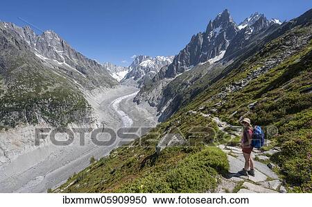 Climber on hiking trail, Grand Balcon Nord, glacier tongue Mer de Glace, behind Grandes Jorasses, Mont Blanc massif, Chamonix, France, Europe View Large Photo Image Stock Image - Climber on hiking trail, Grand Balcon Nord, glacier tongue Mer de Glace, behind Grandes Jorasses, Mont Blanc massif, Chamonix, France, Europe. Fotosearch