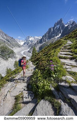 Climber on hiking trail, Grand Balcon Nord, glacier tongue Mer de Glace, behind Grandes Jorasses, Mont Blanc massif, Chamonix, France, Europe View Large Photo Image Stock Photo - Climber on hiking trail, Grand Balcon Nord, glacier tongue Mer de Glace, behind Grandes Jorasses, Mont Blanc massif, Chamonix, France, Europe. Fotosearch