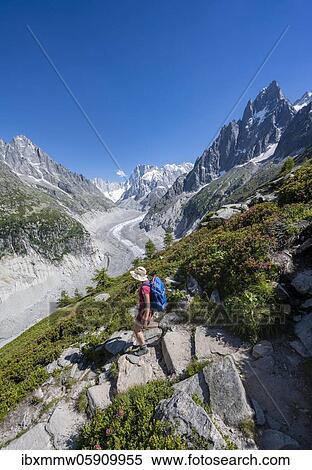 Climber on hiking trail, Grand Balcon Nord, glacier tongue Mer de Glace, behind Grandes Jorasses, Mont Blanc massif, Chamonix, France, Europe View Large Photo Image Stock Photography - Climber on hiking trail, Grand Balcon Nord, glacier tongue Mer de Glace, behind Grandes Jorasses, Mont Blanc massif, Chamonix, France, Europe. Fotosearch